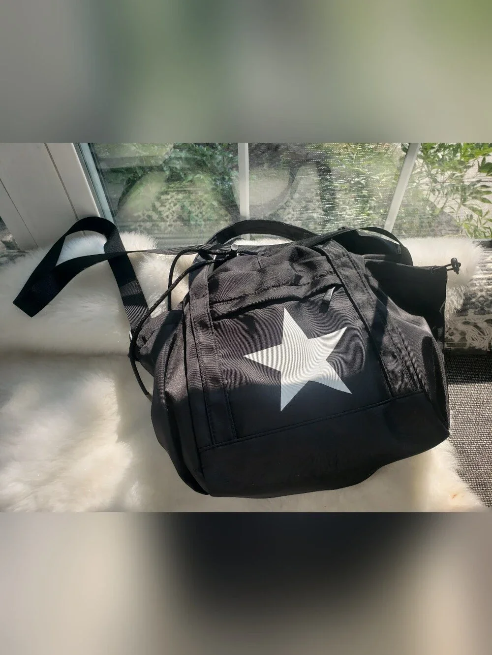 NWOT Black Nylon Star Tote Crossbody Bag Drawstring Travel Gym Purse